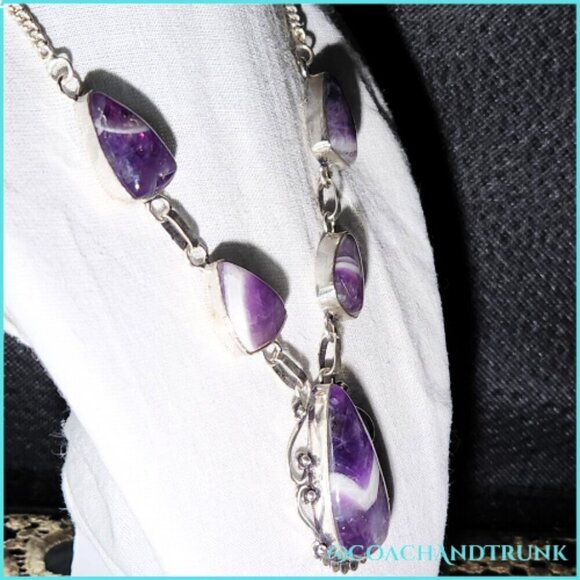 5 Natural Chevron Amethyst Handcrafted Scrollwork Silver Adjustable Length NEW - Picture 4 of 5